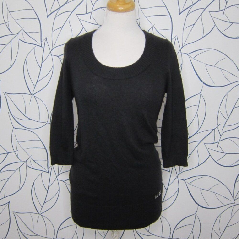 BCBG Max Azria Black Angora Wool Tunic Sweater w/ Rhinestone Logo Size M